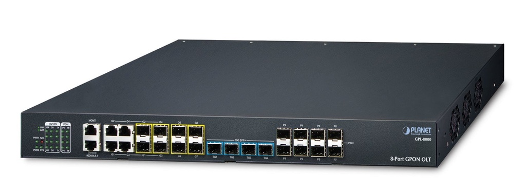 OLT GPON de 8 puertos con combo Gigabit TP/SFP de 4 puertos + SFP 1000X de 4 puertos + SFP+ 10G de 4 puertos con alimentación redundante opcional