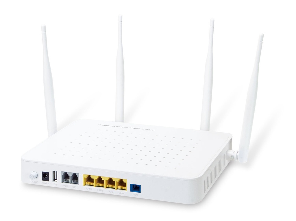 GPON HGU con 4 puertos GbE, 1200Mbps 802.11ac inalámbrico y 2 puertos FXS (1 x USB)