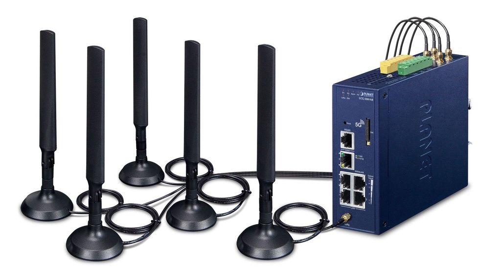 Gateway celular industrial LoRaWAN + 5G NR con 5 puertos 10/100/1000T (2 DI/DO, -40~75 grados C, US915 Sub 1G)