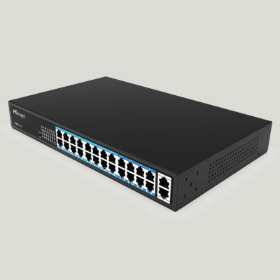 Switch PoE, 24 puertos PoE RJ45 10/100Mbps, 2 puertos uplink 1000Mbps