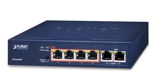 [FSD-604HP] Switch de escritorio de 4 puertos 10/100TX 802.3af/at + 2 puertos 10/100TX