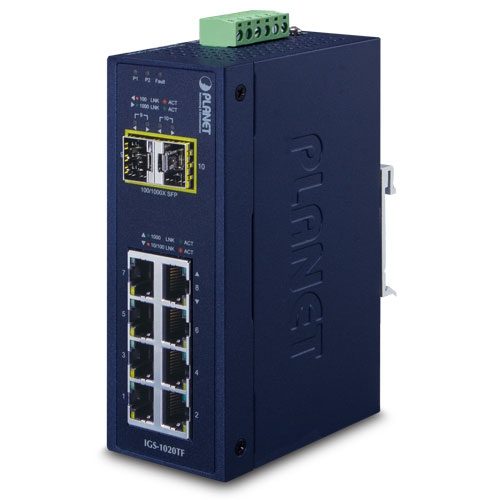 [IGS-1020TF] Switch Ethernet Industrial 10/100/1000T de 8 Puertos + 2 Puertos 100/1000X SFP (-40~75 Grados C)