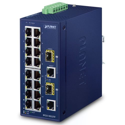 [IFGS-1822TF] Switch Ethernet Combinado Industrial de 16 Puertos 10/100TX + 2 Puertos Gigabit TP/SFP (-40~75 Grados C)