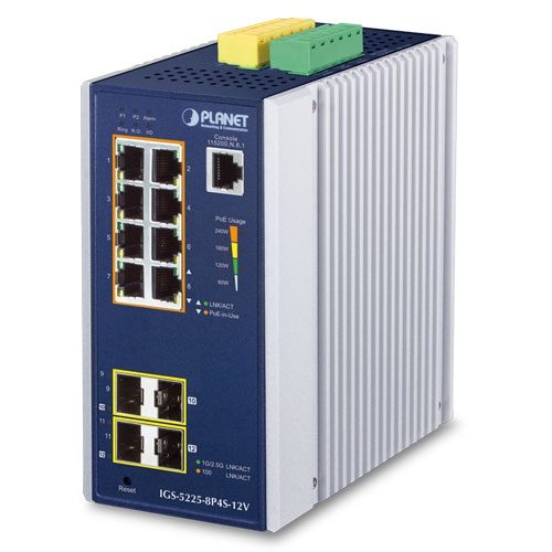 [IGS-5225-8P4S-12V] Switch Industrial L2+ 8 Puertos 10/100/1000T 802.3at PoE + 2 Puertos 100/1G SFP + 2 Puertos 100/1G/2.5G SFP Switch Ethernet Administrado con Amplificador de 12 V (-40~75 Grados C)