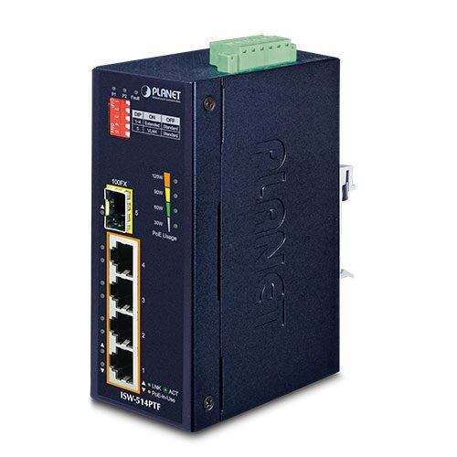 [ISW-514PTF] Switch Industrial Ethernet 10/100TX 802.3at PoE+ de 4 Puertos Más 1 Puerto 100FX