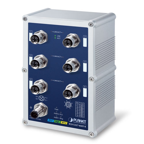 [IGS-5227-6MT-X] Switch Ethernet administrado industrial M12 de 6 puertos 10/100/1000T con clasificación IP67 (-40~75 grados C, M12 con codificación X)