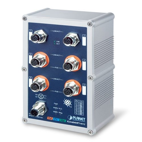 [IGS-604HPT-M12] Switch Ethernet administrado industrial de 4 puertos 10/100/1000T 802.3at con clasificación IP67 + Switch Ethernet administrado 10/100/1000T de 2 puertos (-40 ~ 75 grados C)