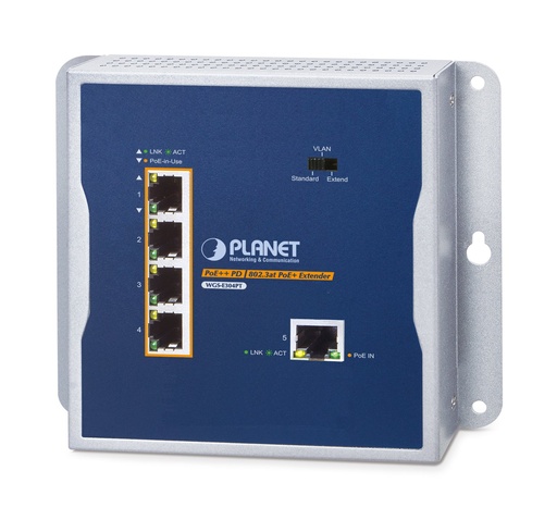 [WGS-E304PT] Extensor industrial de 1 puerto 10/100/1000T 802.3bt PoE++ a 4 puertos 802.3at PoE+ montado en la pared