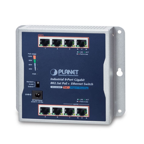 Switch Gigabit Ethernet industrial de 8 puertos 10/100/1000T 802.3at PoE+ de pared