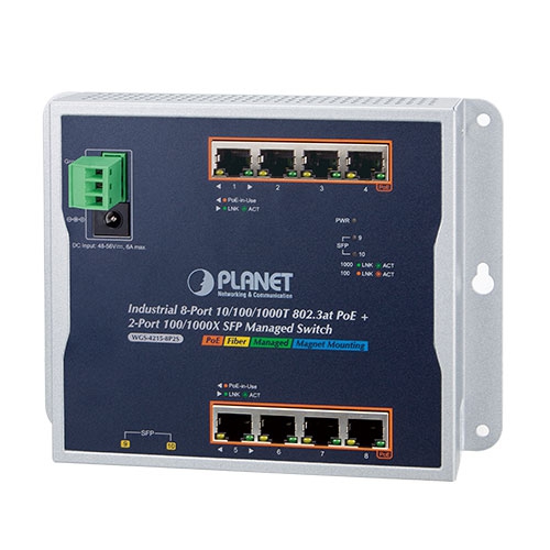 [WGS-4215-8P2S] Switch industrial administrado de pared de 8 puertos 10/100/1000T 802.3at PoE + 2 puertos 100/1000X SFP (-40~75 grados C)