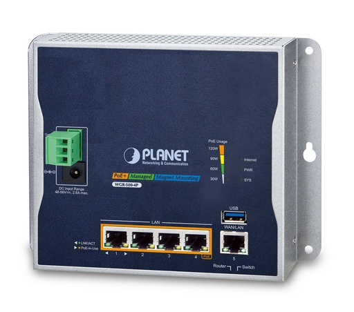 [WGR-500-4P] Enrutador Gigabit industrial de montaje en pared con 4 puertos 802.3at PoE+