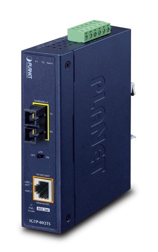 [IGTP-802TS] Conversor de medios industrial PoE+ de 1000BASE-X a 10/100/1000BASE-T 802.3at