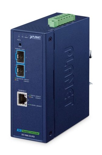 [IXT-900-2X1PD] Conversor de medios industrial gestionado 10GBASE-X SFP+ de 2 puertos + 10GBASE-T PoE PD de 1 puerto