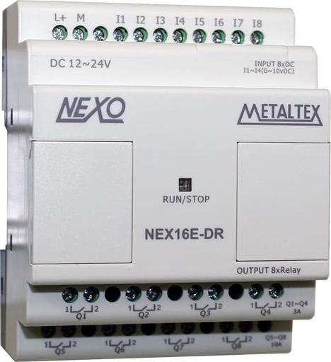 [NEX16E-DR] Expansión PLC Nexo 8 Entradas (4ED/IA y 4 ED), 8 Salidas Relé, 12-24VCC