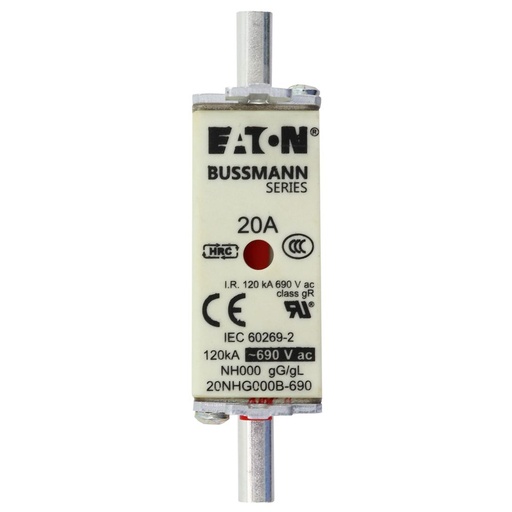 [20NHG000B-690] Fusible Bussmann 20A, tamaño NH00, 690VAC ,gL/gG, 120kA 