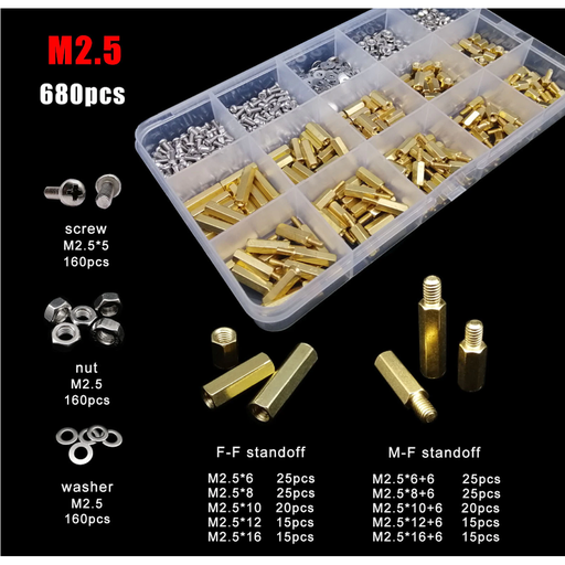 [S-HEX-680] Kit de separadores hexagonales para PCB 680 piezas con tuerca y tornillo M2.5