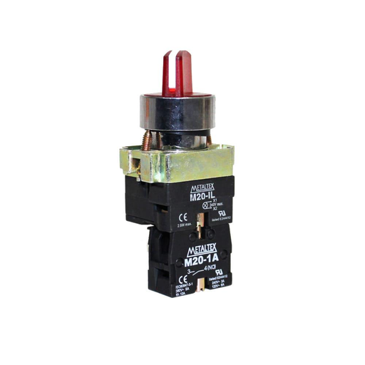 [M20ICR2-R-1A] Selectora metálica iluminada knob corto 2 posiciones fijas 90G rojo 220V 1NA
