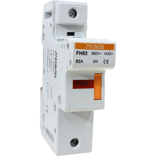 Portafusible metaltex 14x51mm 63A con identificador de fusible quemado serie FH