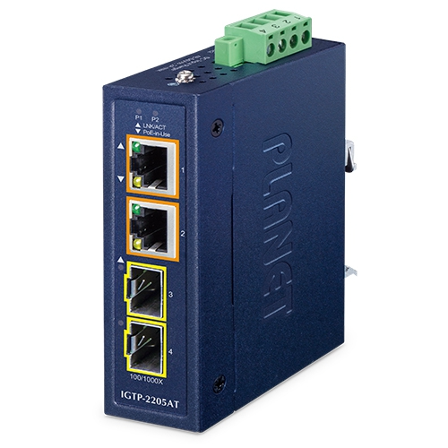 [IGTP-2205AT] Conversor de medios Industrial compacto de 2 puertos 100/1000X SFP a 2 puertos 10/100/1000T 802.3at PoE+