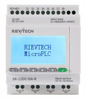 [SR-12DC-DA-R] PLC compacto SR-12DC-DA-R, 8 Entradas (4 Análogas 0-10V), 4 Salidas Relé, Alimentación DC12-24V/AC24V, Rievtech
