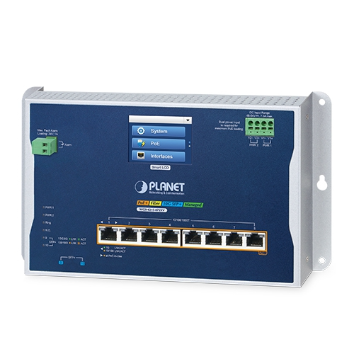 [WGS-4215-8P2XV] Conmutador Ethernet gestionable de pared WGS-4215-8P2XV, L2+, 8 puertos 10/100/1000T 802.3at PoE + 2 puertos 10G SFP+, con pantalla táctil LCD
