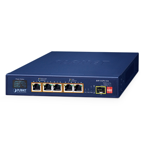 [BSP-115PV-15A] Conmutador PoE solar BSP-115PV-15A de 5 puertos 802.3at PoE+ con 1 puerto 1000X SFP y pantalla LCD