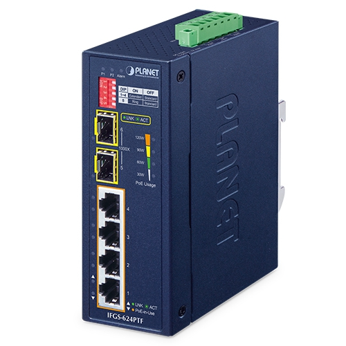 [IFGS-624PTF] Conmutador Ethernet Industrial IFGS-624PTF de 4 Puertos 10/100TX 802.3at PoE + 2 Puertos 1000X SFP en Anillo