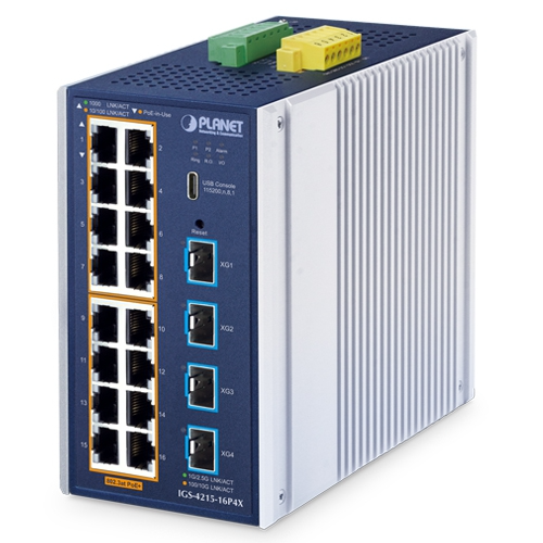 [IGS-4215-16P4X] Conmutador Ethernet gestionado industrial IGS-4215-16P4X L2+ de 16 puertos 10/100/1000T 802.3at PoE + 4 puertos 10G SFP+