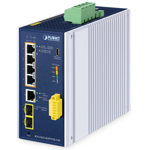 [IGS-5225-4UP1T2S-12V] Conmutador Ethernet gestionado industrial IGS-5225-4UP1T2S-12V L2+ de 4 puertos 10/100/1000T 802.3bt PoE + 1 puerto 10/100/1000T + 2 puertos 1G/2.5G SFP con amplificador de 12 V